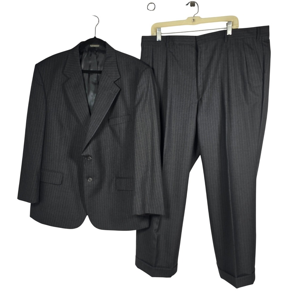 Towncraft Mens 46S Charcoal Grey Wool Pinstripe‎ Suit Pleated Cuffed Pants 41x28